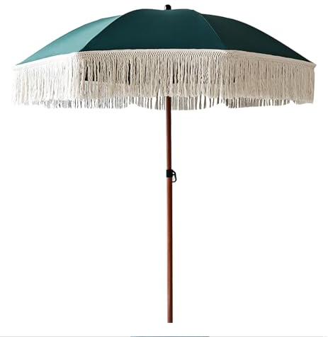 Verstellbarer 180 cm Strandschirm mit Fransen Gartenschirm mit Stange aus Aluminium Holz-Effekt, UV-Schutz, stilvoller Outdoor-Schattenspender für Terrasse, Hinterhof, Grün