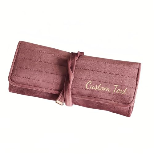 Personalised Velvet Jewellery Travel Organiser Roll, Custom Name or Initial Jewellery Storage Bag with Zipper Pockets & Necklace Holder, Gift for Women & Friends
