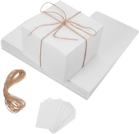 OUNONA 10 Stück Quadratische Geschenkboxen Weiß Karton Verpackung mit Blanko Anhängern und Natürlichem Hanfschnurband Dicke Pappschachteln für DIY Geschenke Hochzeit Geburtstag Versand