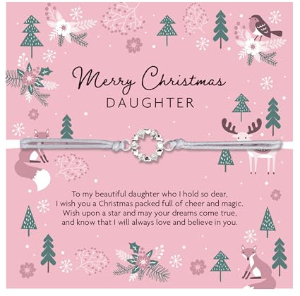 Letterbox Love Christmas Bracelet for Daughter – Silver Wreath Adjustable Bracelet with Gift Card & Soft White Pouch | Meaningful Christmas Stocking Filler Jewellery