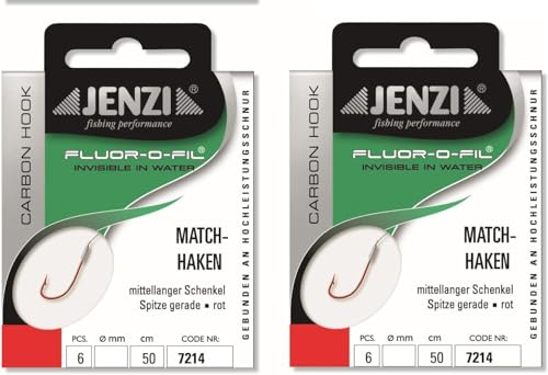 Set: 2 Packungen JENZI gebundene Matchhaken Angelhaken (12 Stück), an Fluor Carbon, Vorfach fertig 50cm Hakengröße 12, 14, 16 & 18 + gratis Petri Heil! Aufkleber (Hakengröße 18)