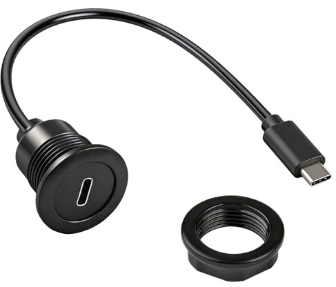 Bpzmm USB C-kontakt, 5 Gbit/s, 20 V, 3 A, hane till hona, kabel, panelmontering, USB 3.0, PD 60 W, rund, för bil, instrumentbräda, kontor, möbler, båt, husbil | Panelmontering kabel PD 60 W USBC uttag infällt möbelförlängning 20 V 3 A för bil instrumentbräda skrivbord möbler båt 30 cm