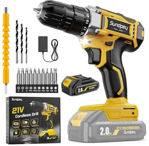 Sundpey Cordless Drill Set 21V - 45Nm Electric Screwdriver and Drill Set with 2000mAh Rechargeable Battery, Compatible with Makita 18V Battery, 25+1 Torque 2 Speed, 3/8 Keyless Chuck Small Hand Drill
