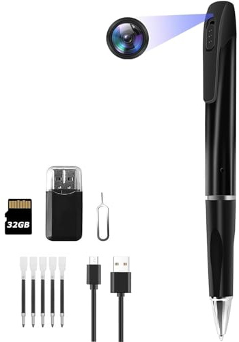 SHMIZZ Mini Cámara Espía Oculta Camuflada Bolígrafo,1080P HD Mini Bolígrafo Pluma Cámara Oculta con MicroSD 32GB Portátil Cámara Pen Grabador de Foto y Video