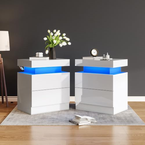 Bedside Tables Set of 2, White Bedside Table with Charging Station, High Gloss LED Bed Side Table for Bedroom, Modern Bedside Cabinet with 2 Drawers, Sofa Side Table for Living Room, 58 x 40 x 35 cm