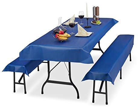 Relaxdays Bierzeltgarnitur Auflage, 3er Set, Biertisch Tischdecke 250x100cm, 2 Bierbankauflagen, abwaschbar, blau