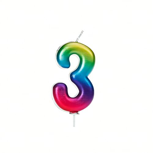 Anniversary House Colourful Rainbow Metallic Candle Number 3 Cake Candle for Birthday and Anniversary Decorations - Elegant Birthday Candle for Cake - Stylish Silver Number Candle Topper 7 cm