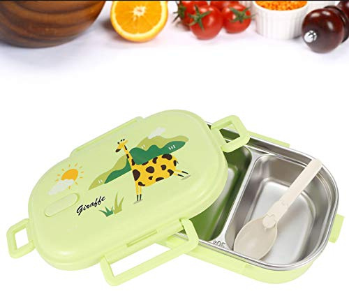 Caja de almuerzo de acero inoxidable para niños para cocina (verde sólido-jirafa)