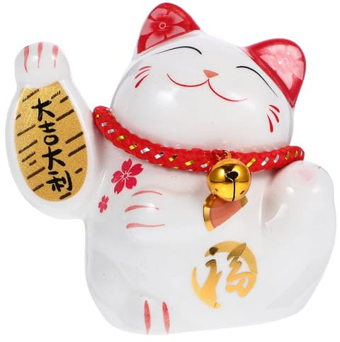 Amosfun Maneki Neko Chinesische Winkekatze Glückskatze aus Keramik, Glückskatzen, Feng Shui, Glücksbringer, Katzenfigur, Reichtum, einladend, Tier-Ornament für Auto, Büro, Dekoration, Weiß