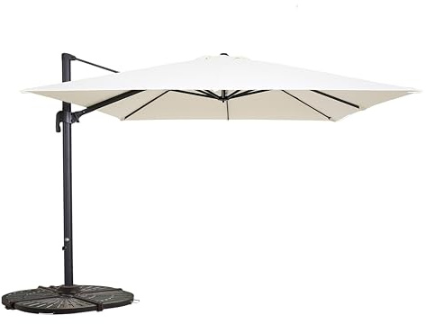 Oviala Parasol déporté inclinable et Rotatif 3x3m et 4 Dalles lestées Blanc