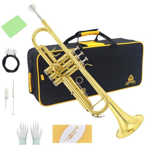 Yasisid Bb Standard-Trompeten-Set, Messing-Trompeteninstrument mit Hartschalenkoffer, Reinigungsset, 7C-Mundstück und Handschuhen für Erwachsene oder Kinder - Anfänger (Gold)
