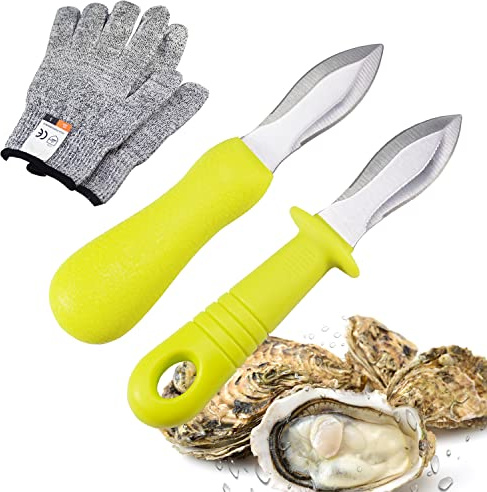 YIVCKOM Couteau à huître, ensemble de couteaux à huîtres et de gants, outils d'ouverture de palourdes de fruits de mer en acier inoxydable avec gants résistants aux coupures et ensemble de couteaux à