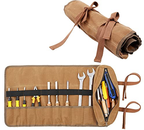10 Taschen Werkzeug Rolltasche, Robust 16oz gewachstes Baumwoll-Segeltuch Werkzeugtasche mit 2 Wrap Straps, Mehrzweck-Werkzeugtasche für Metric,SAE (Khaki)
