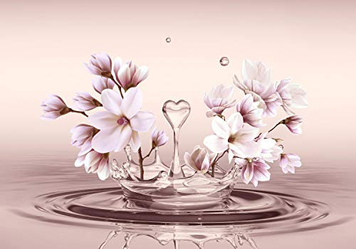 wandmotiv24 Fototapete Magnolie Herz Wasser Rosa, 200 x 140cm - selbstklebende Strukturtapete, Wanddeko, Wandbild, Wandtapete, Blumen, Blüten, Wassertropfen M1338