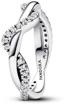 Pandora Timeless Anillo con diseño de onda doble de plata de ley con circonitas cúbicas transparentes, talla 54
