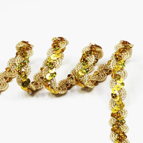 12 Yards，Wide 0.59 Inch Shining Gold Sequin Ribbon Trim for DIY Sewing Dress Dance Costumes，Headband (Shining Gold)