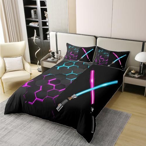 richhome Geometrische Waben Hexagon 100% Bio Baumwolle Bettbezug Set Blau Lila Lichtschwert Tröster Set für Kinderzimmer 3D Spiele Schwarz Bettwäsche Set 200x200 Größe