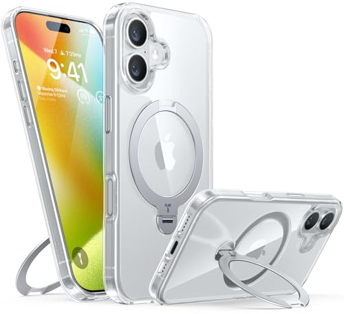 TORRAS Ostand Q3 Spin für iPhone 16 Hülle (360° Magnetischer Unsichtbarer Ständer) Zertifizierte Militärschutz, MagSafe Kompatibel, Stoßfest Diamant-Klar Anti-Vergilbung Transparent