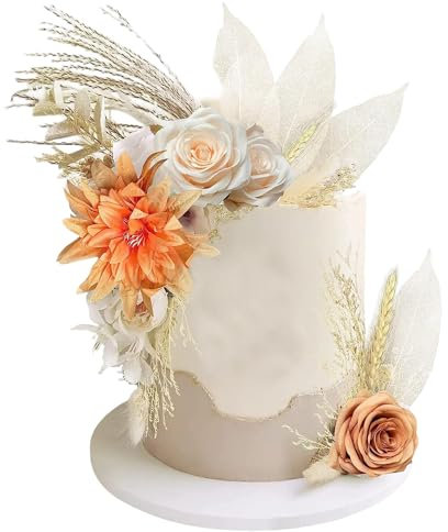 22pcs Boho Cake Topper Decoration,Dried Flowers for Cake Vintage Artificial Rose Flower Leaves Cake Topper Décor for Bohemian Birthday Wedding Bridal Baby Shower