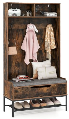 COSTWAY Coat Rack with Shoe Storage, 170cm Freestanding Hall Tree Coat Stand with Shelves, Hooks, Lift-Top Bench and Seat Cushion, Entryway Hallway Storage Unit Clothes Hanger Organiser (Rustic Brown)