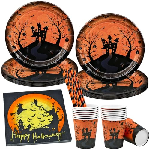 68-teiliges Halloween-Partygeschirr-Set, Pappteller, Becher, Servietten, Tischdekoration, Hexenschloss, Kürbis, Geschirr-Set für 16 Gäste, Halloween, Geburtstag, Hochzeit