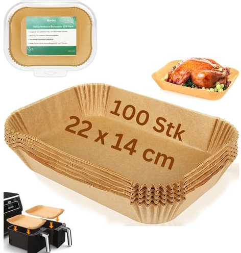 Renko Backpapier für Heißluftfritteuse - 100 Stück 22cm x14cm Rechteckig, Ninja Airfryer Zubehör, Kompatibel Mit NF400EU, AF300EU - Wasserdicht und Ölfest