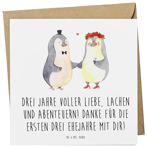 Mr. & Mrs. Panda Glückwunschkarte 3. Hochzeitstag Lederhochzeit - Geschenk, Hochzeit, Jahrestag, handgefertigte Produkte, Grußkarte, Drei Jahre voller Liebe, Meilenstein, doppelkarte, Heirat