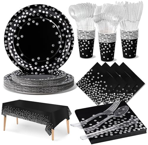 Nkaiso Partygeschirr 141 Stück Schwarz und Silber Partyzubehör Pappteller Kindergeburtstag ​Mädchen Party Papier Geschirr Set einschließlich Becher Servietten -20 Gäste