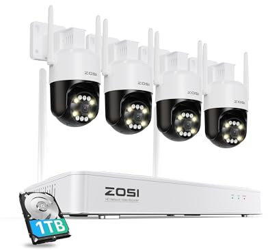 ZOSI 5MP Kit Caméra de Surveillance WiFi 6, Caméra PT à 360° pour Extérieure, Détection de Personne et Véhicule, Audio Bidirectionnel Alarme Sonore et Lumineuse, Vision Nocturne Couleur