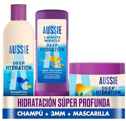 Aussie Pack Hidratación Profunda: Champú Vegano 300 ml + Mascarilla Capilar 450 ml + Aussie 3 Minute Miracle, Mascarilla Tratamiento 225 ml