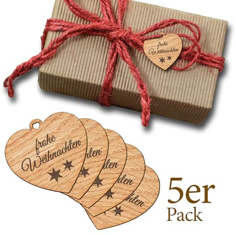 5 Stk Echtholz-Geschenkanhänger aus Holz mit Gravur - edle Tags aus Holz HERZFORM für Geschenke ZU WEIHNACHTEN - Anhänger Etiketten