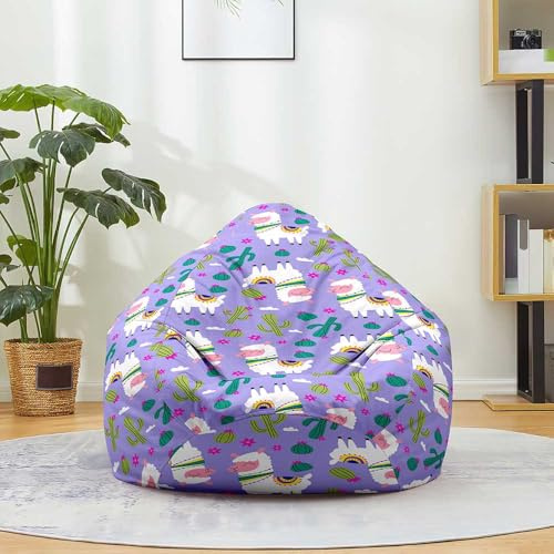 Treer Fodera per Pouf a Sacco Contenitore, Stampa di Alpaca Copertura per Poltrona Sacco Senza Imbottitura, Lino Pouf a Forma di Pera Bean Bag Cover con Cerniera (Viola,80x90 cm)