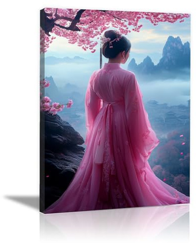TERUEA Abstrait Image sur Toile Affiche Decoration Murale Photo sur toile Tableau Decoration Murale Chambre Coucher Cuisine, Une fille Hanfu rose sous le cerisier en fleurs - 30x45cm Encadrée(rose)