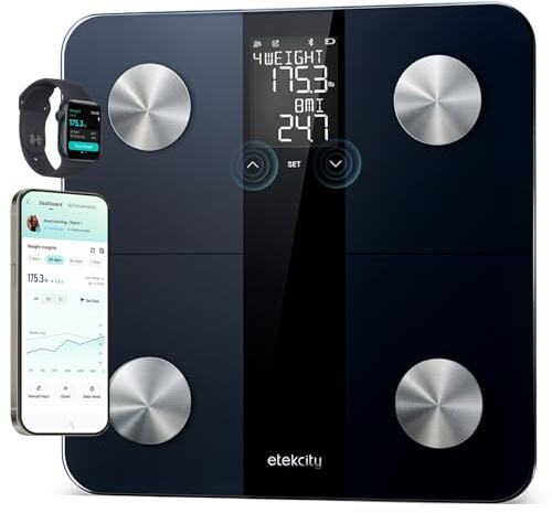 Etekcity Personvåg, kroppsfettvåg, våg, personer med AC-teknik, 180 kg/0,05 kg, Bluetooth-kroppsvåg med app, våg med kroppsfett och muskelmassa, BMI, XL display, digital personvåg