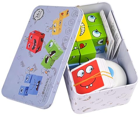 ZYWQ Würfelpuzzle Holz, Crazy Cubes Spiel, Zauberwürfel-Spiel aus Holz mit Gesichtsveränderung, Lernwürfel mit Gesichtsveränderung für Kinder ab 3 Jahren (64 Karten, 16 Blöcke, 1 Glocke)