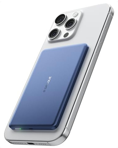 decqle “Air” Power Bank para MagSafe, 5000mAh Ultra Fino Powerbank Inalámbrica Cargador Portátil con Cable USB-C, Sólo para iPhone 17/16/15/14/13/12 Serie (Azul)