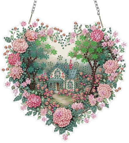 NEWENMO 5D Haus Diamond Painting Anhänger Fensterbilder Diamond Art | Landschaft Diamond Painting Anhänger Set,DIY Crystal Art Kit mit Kette,Hängendes Diamant Ornament für Fenster & Garten