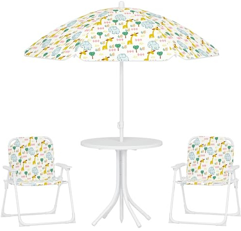 AIYAPLAY Conjunto de Mesa y Sillas Infantil de Jardín de 4 Piezas, Mesa Infantil con Sillas Plegables, Sombrilla Ajustable, Diseño de Elefantes y Jirafas, para Patio, Pícnic, Blanco
