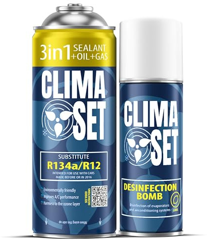 ClimaSet – 3-i-1 R134a köldmedium, olja, tätningsmedel & luftkonditioneringsrengöringsmedel för bilar – Luftkonditionering Självpåfyllningsset – Påfyllningsset, Bilklimat Påfyllning – 170 g
