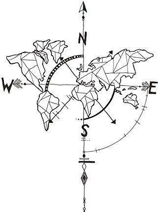 DecalMile Geometrisch Weltkarte Wandtattoo Kompass Wandsticker Vinyl Schwarz Wandaufkleber für Wohnzimmer Schlafzimmer Büro