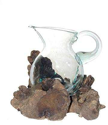SAWA Krug auf Treibholz ca. 20 cm, individuell auf Wurzelholz (Teak oder Kaffebaum) Unikat Glaskrug Vase