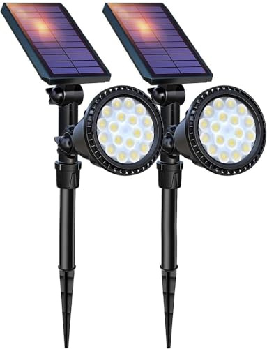 DBF Solar Spot Lights Outdoor Waterproof IP65, Cool White, 600LM High Bright, 2 Brightness Modes, 18 LED, Auto On/Off, Angel Adjustable for Flag Pole Garden Yard Patio Driveway Tree, 2 Pack