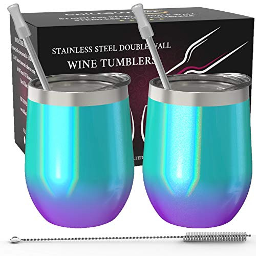 CHILLOUT LIFE Stainless Steel Wine Tumblers 2 Pack 12 oz - Double Wall Vacuum Insulated Wine Cups with Lids and Straws Set for Coffee, Wine, Cocktails (Mermaid Sparkle)