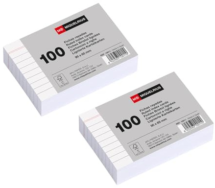 Miquelrius 200gsm Index Cards, Flashcards and Preparation Cards, Pack of 200 Lined Note Cards Size 95 x 65 mm, Flashcards, School and Office Supplies