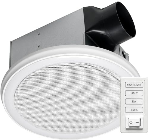 Homewerks Worldwide Decorative White 110 CFM Ceiling Mount Bluetooth Stereo Speakers Bathroom Exhaust Fan with LED Light