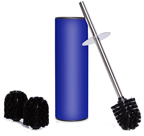 Bamodi Brosse WC et récipient en Acier Inoxydable - avec Protection Anti-éclaboussures et 2 têtes de Brosse de Rechange - Bleu - Ajustement Parfait pour Vos Toilettes, essoreuse à Salade Pliable