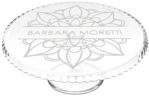 Maverton Portatorta in Vetro Trasparente, Incisione Laser Personalizzata | Piatto Tondo Porta Dolce Rialzato su un Piede, Alzata per Dolci, regalo donna, Fiore