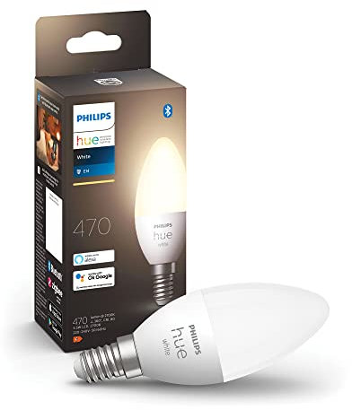 Philips Hue White E14 Kerze Einzelpack 470lm, dimmbar, warmweißes Licht, steuerbar via App, kompatibel mit Amazon Alexa (Echo, Echo Dot), 1er Pack