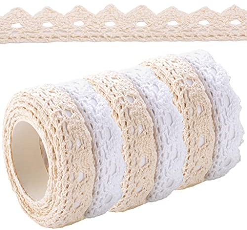 6 Rollen Beige/Weiß Spitzenband Selbstklebende borte Vintage Dekoband Spitze Bänder Bordüre Spitzenbort Stoffband Selbstklebend Bänder für Hochzeit Verzierung der Geschenke DIY Handwerk Tischdeko