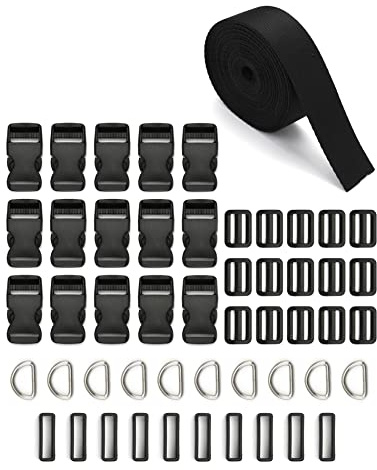 QWORK® 5 m x 25 mm nylonrem, 15 x snabbspänne, 15 st glidspännen, 10 st fyrkantiga ringar, 10 st D-ringar i metall, rem för bagageband/ryggsäck/hundhalsrem